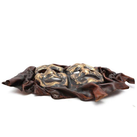 Vintage Leather Comedy Tragedy Masks Wall Decor Theater Brown Gold Brazil - Picture 5 of 9